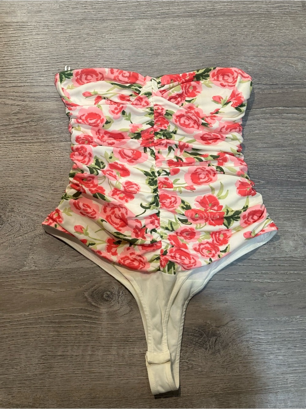 ZARA Floral Ruched Bandeau One-Piece Swimsuit Pink White Roses Size M